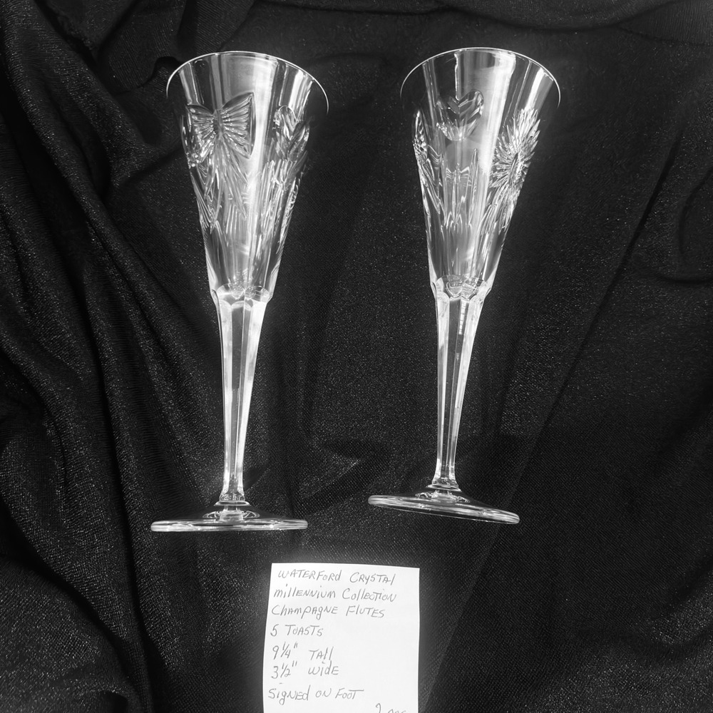 2 Waterford Crystal Millennium Collection Champagne Flutes Set of 2 Signed 9.25"